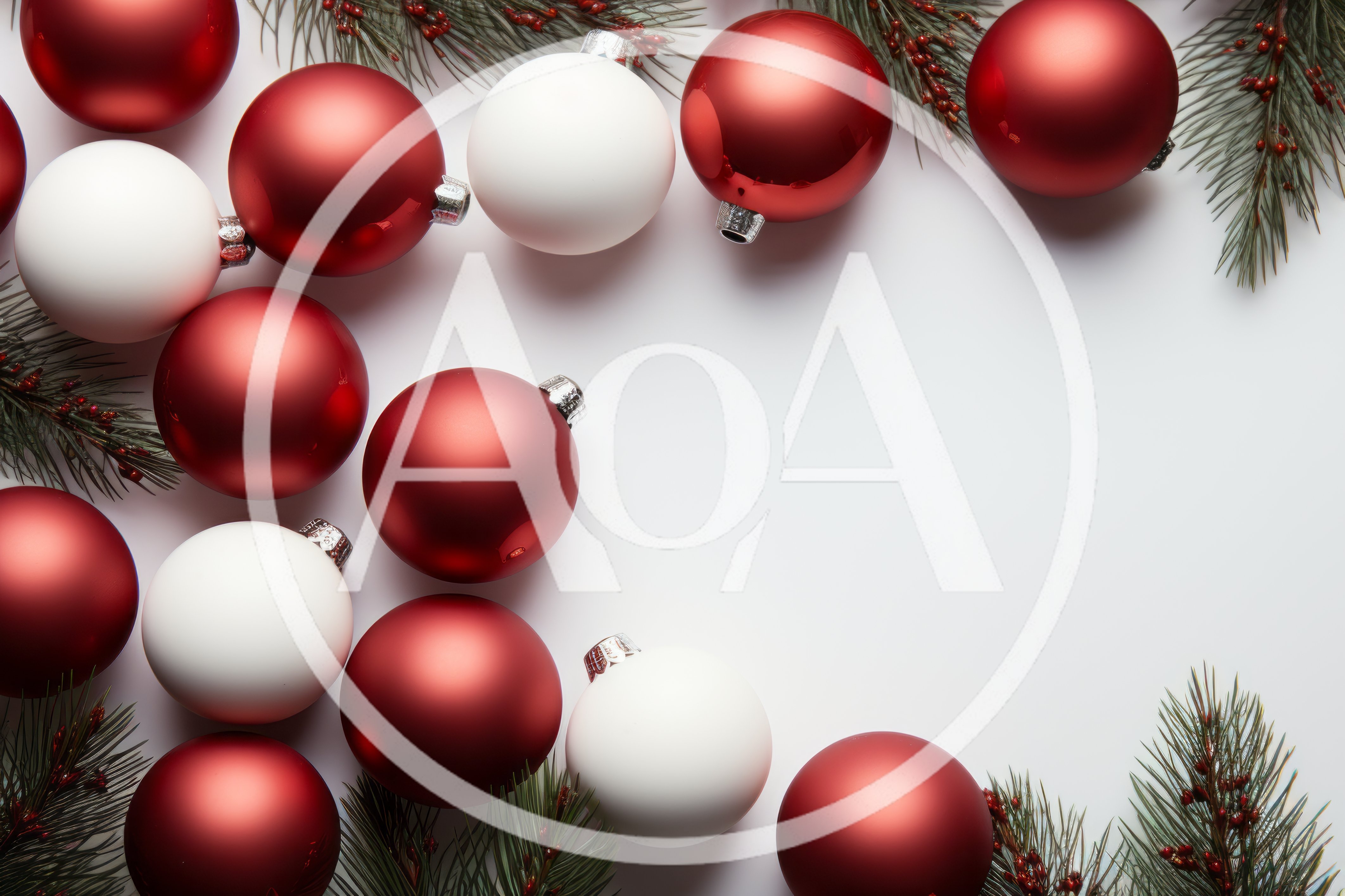 Christmas Ornaments and Pine Branches on White Background