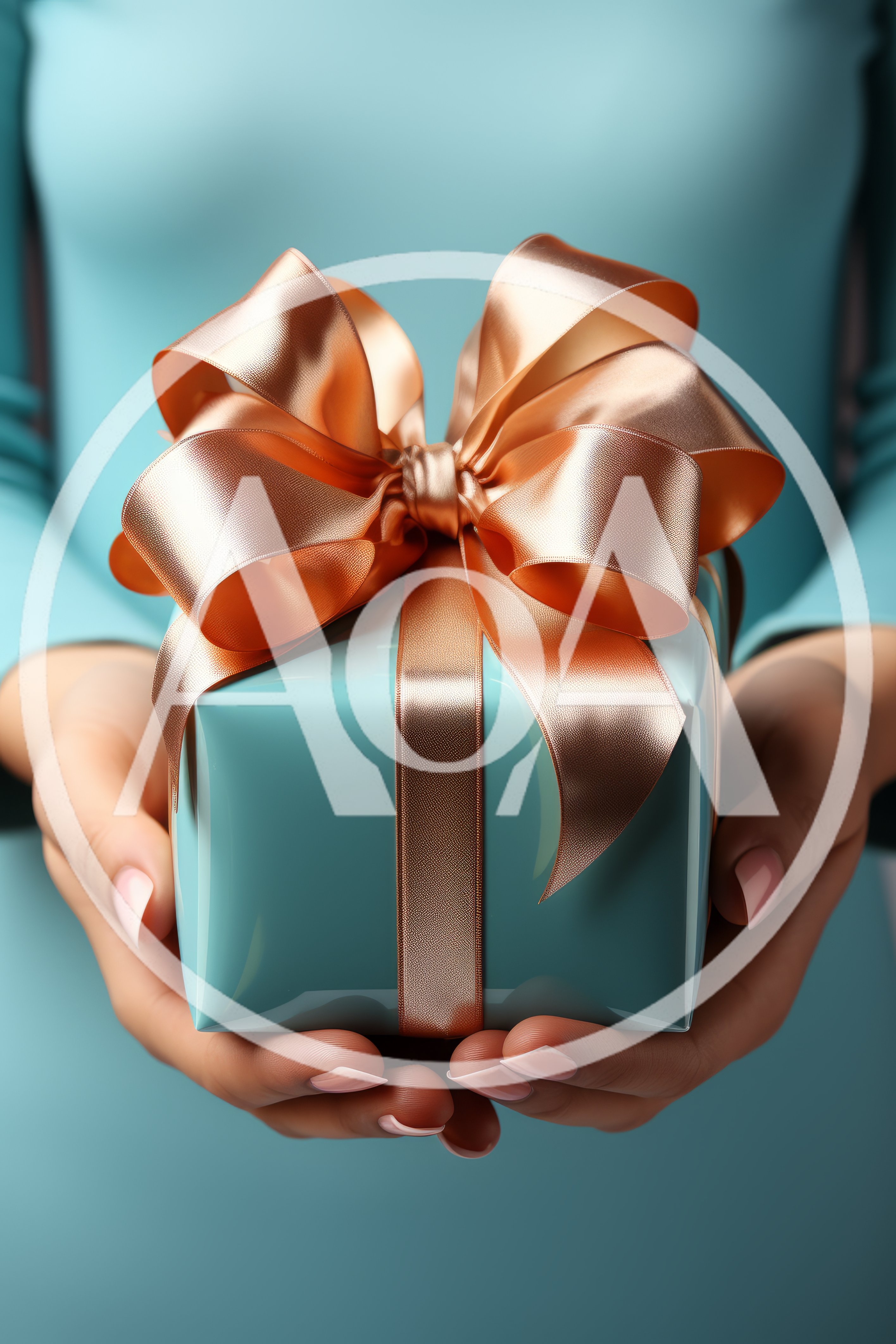 Woman Holding A Turquoise Gift Box With Gold Ribbon