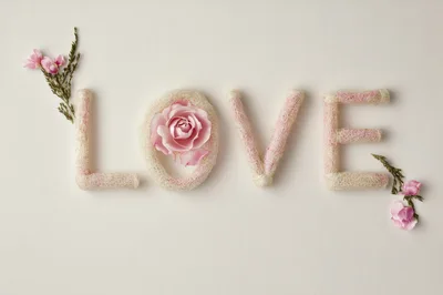 Love Word Art With Pink Roses On White Background