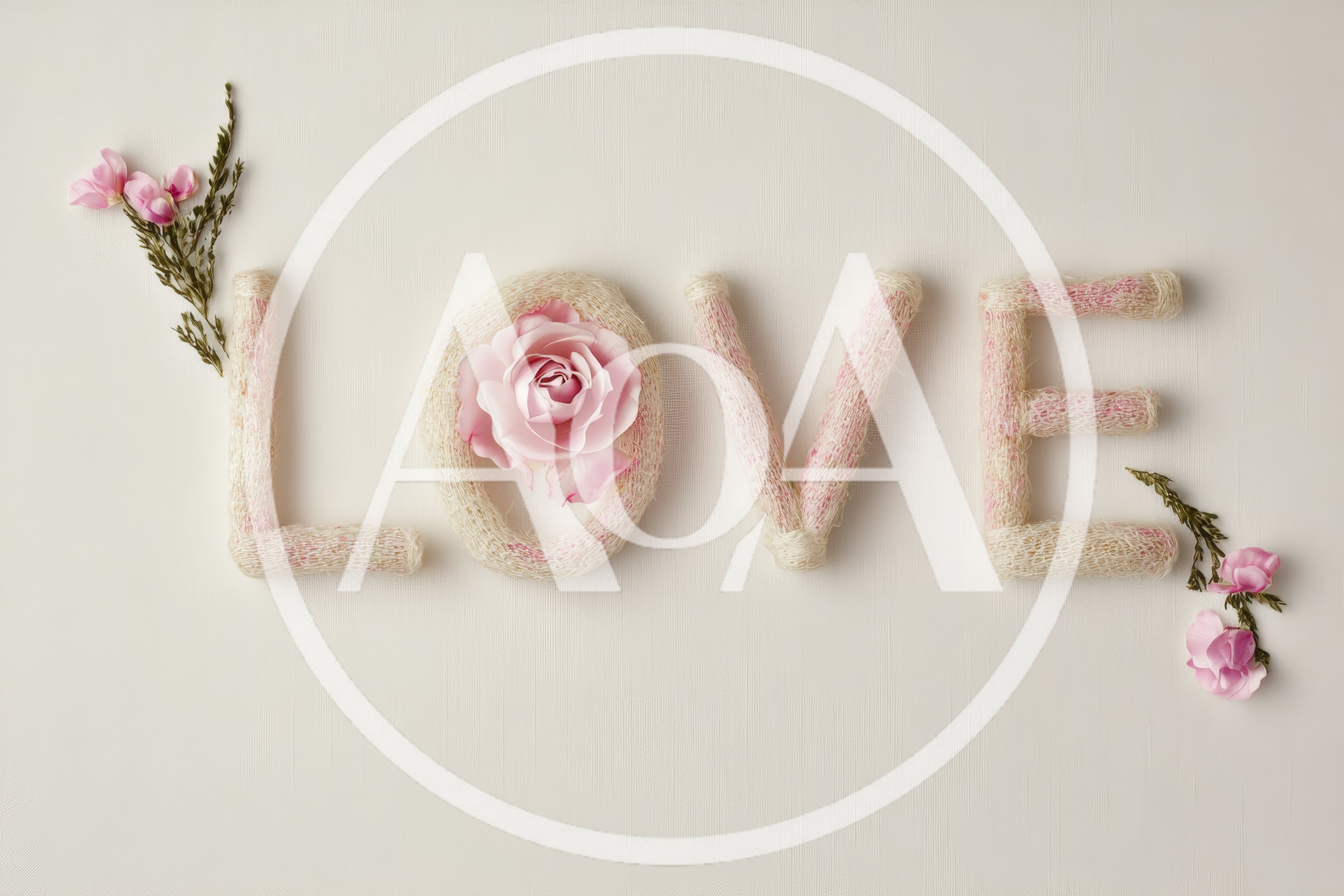 Love Word Art With Pink Roses On White Background