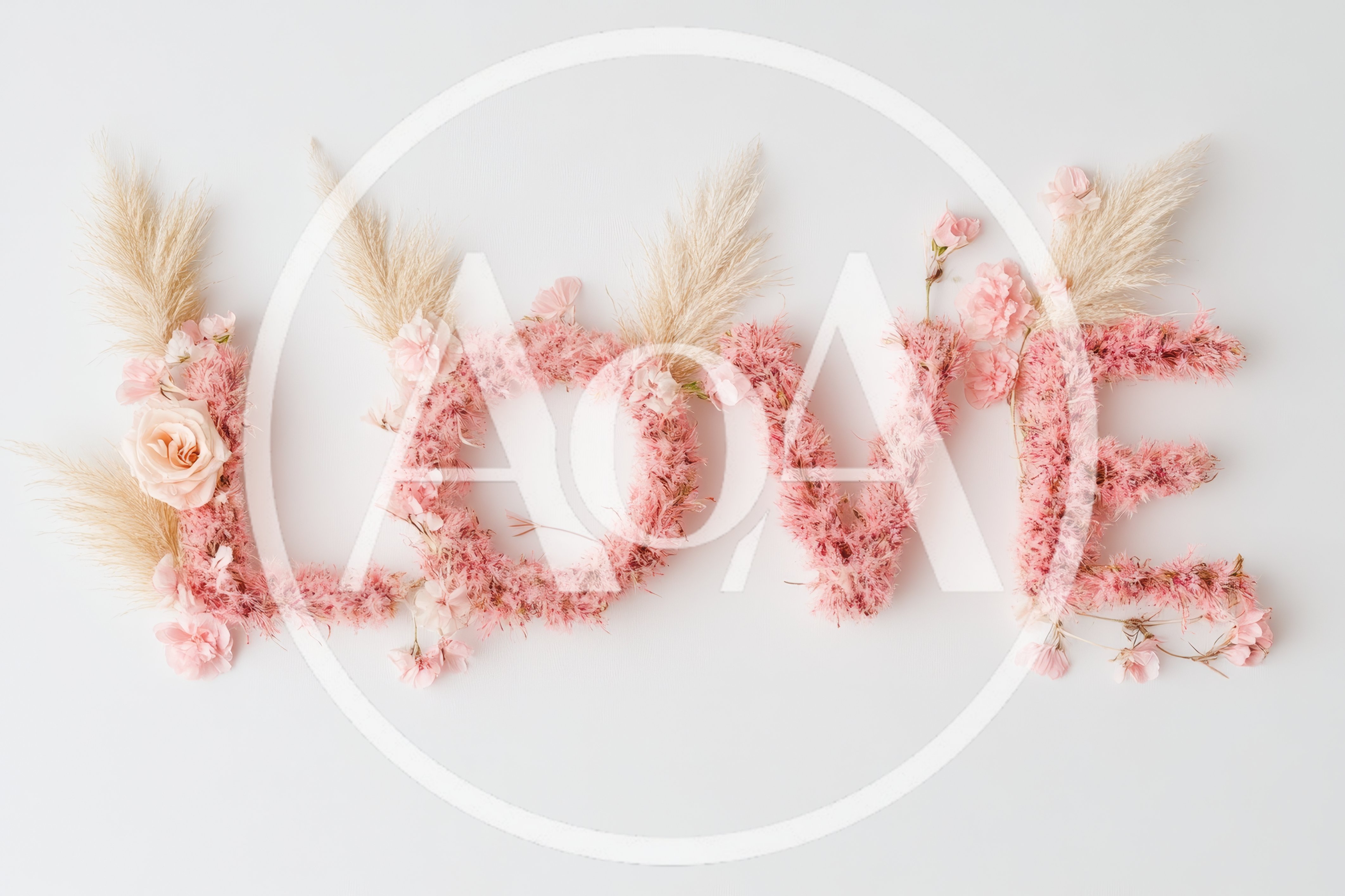 Floral Love Text Arrangement on White Background