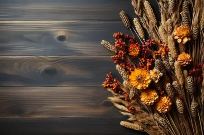 Dried Autumn Floral Arrangement on Dark Wooden Background