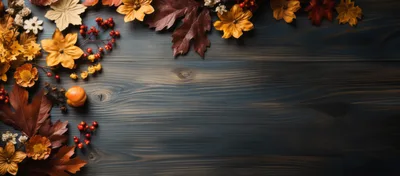 Autumnal Leaves And Berries On Dark Wooden Background