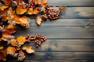 Autumn Leaves And Berries On Dark Wooden Background