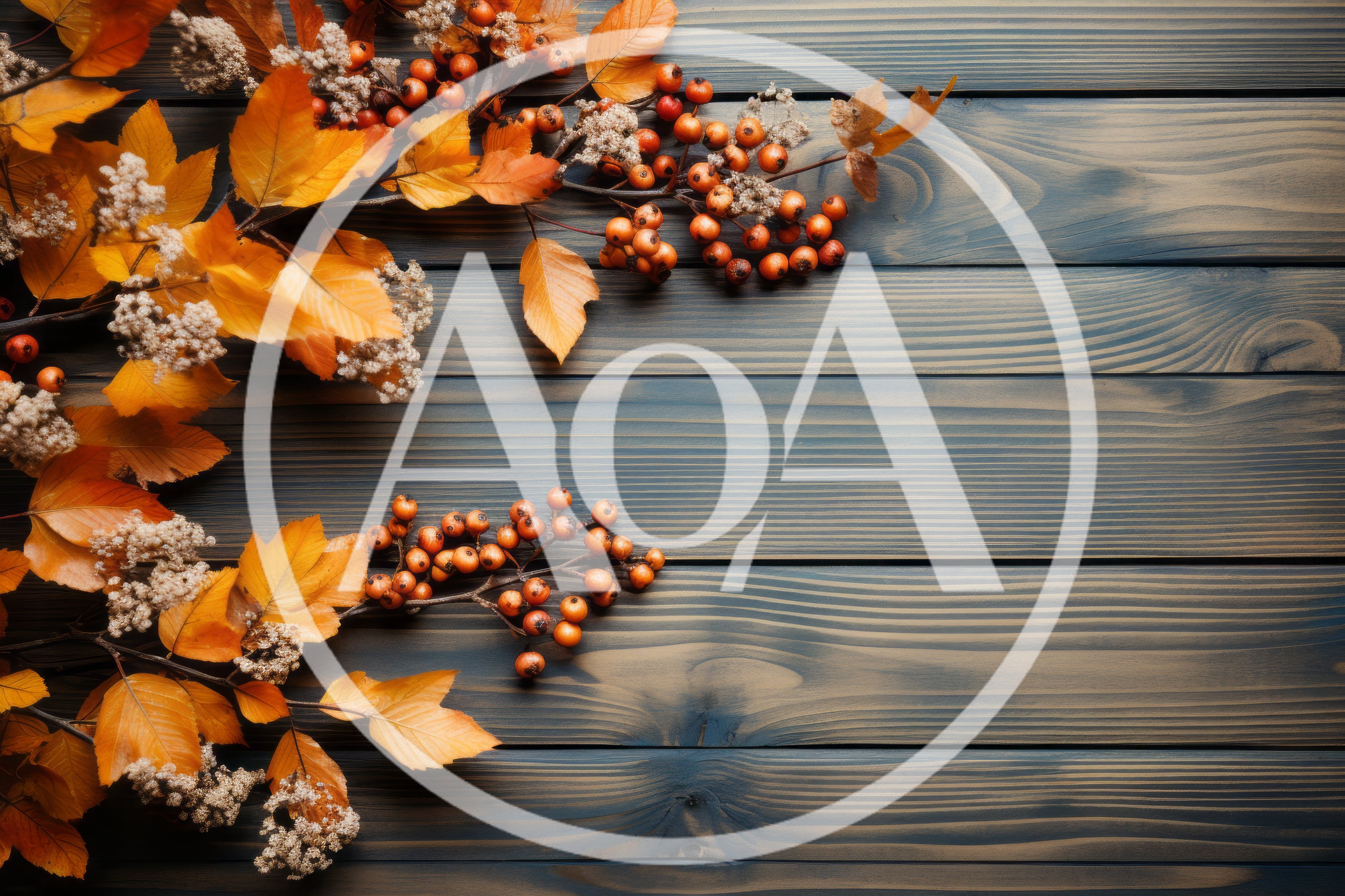 Autumn Leaves And Berries On Dark Wooden Background