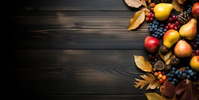 Autumn Harvest Fruits And Leaves On Dark Wooden Background