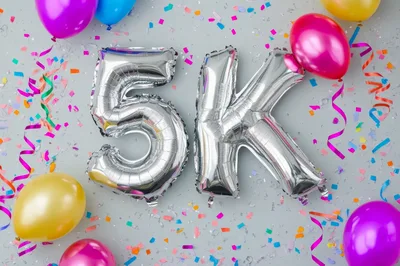 Silver 5K Balloon Celebration With Colorful Confetti