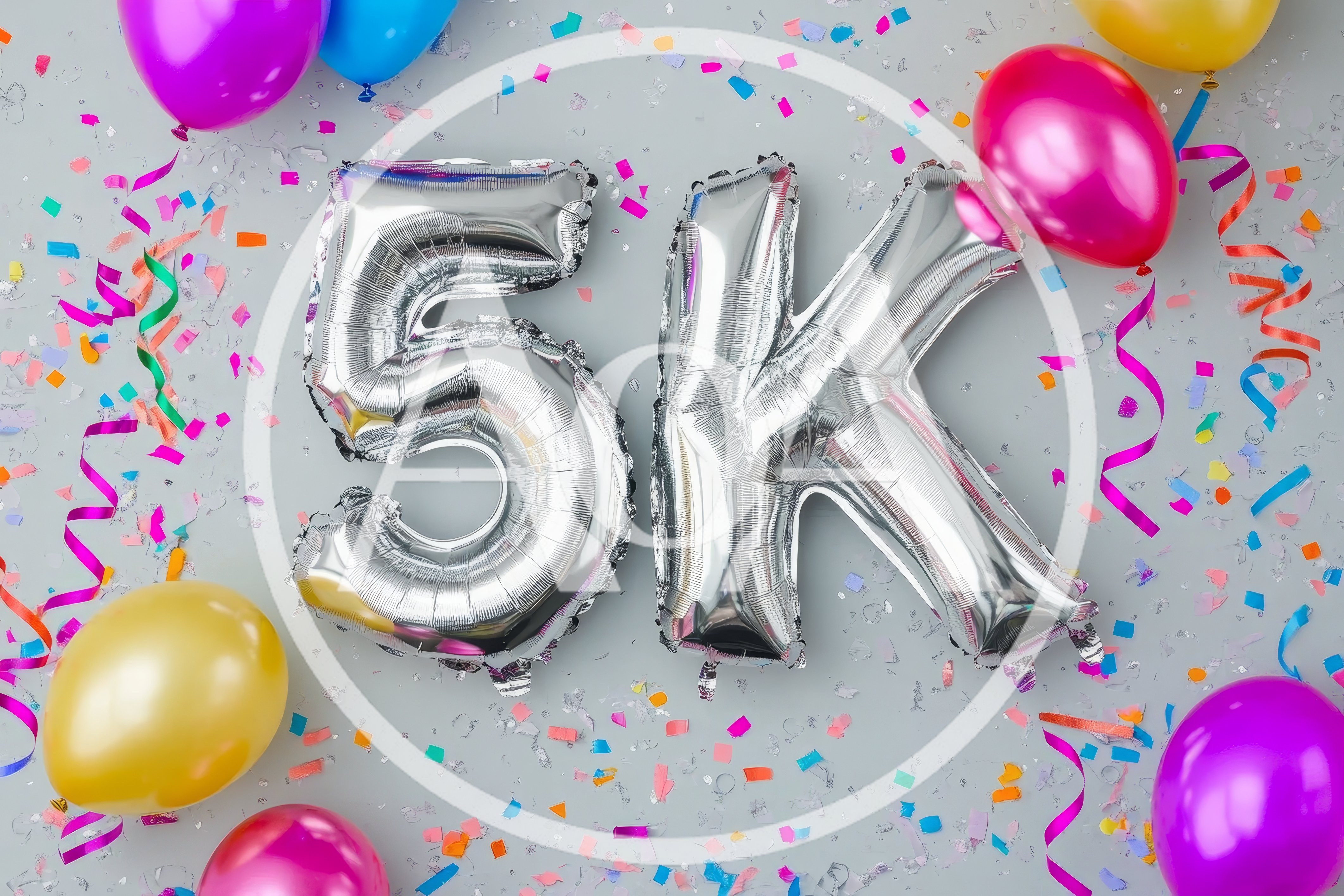 Silver 5K Balloon Celebration With Colorful Confetti