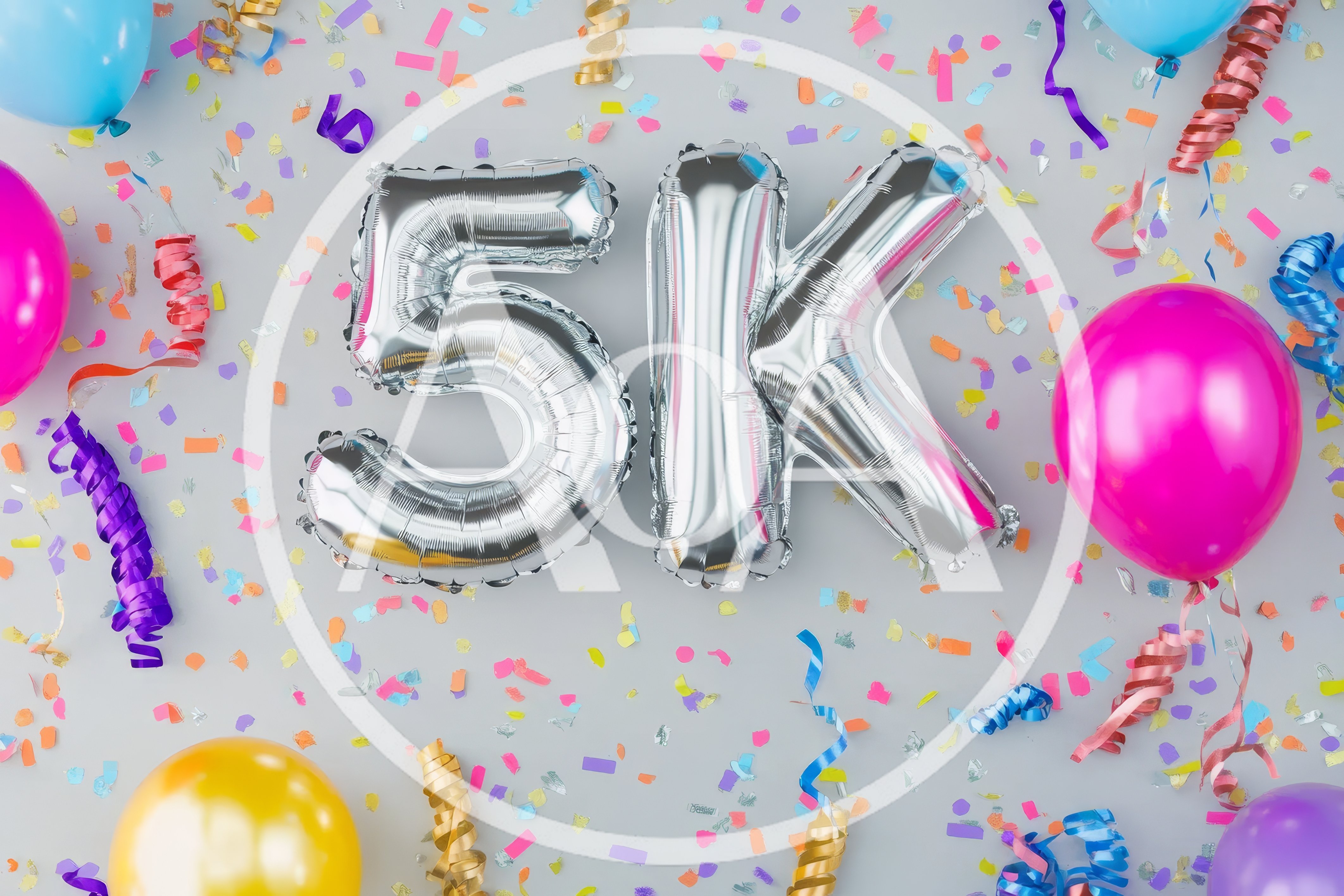 Silver 5K Balloon Celebration With Colorful Confetti