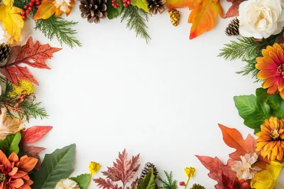 Autumnal Floral Frame With Leaves And Pinecones