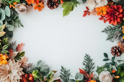 Autumnal Floral Wreath Frame on White Background