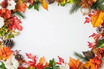Autumnal Floral Frame With Fall Leaves And Pinecones