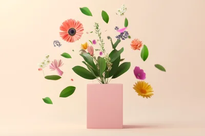 Floating Flowers And Leaves In A Pink Vase