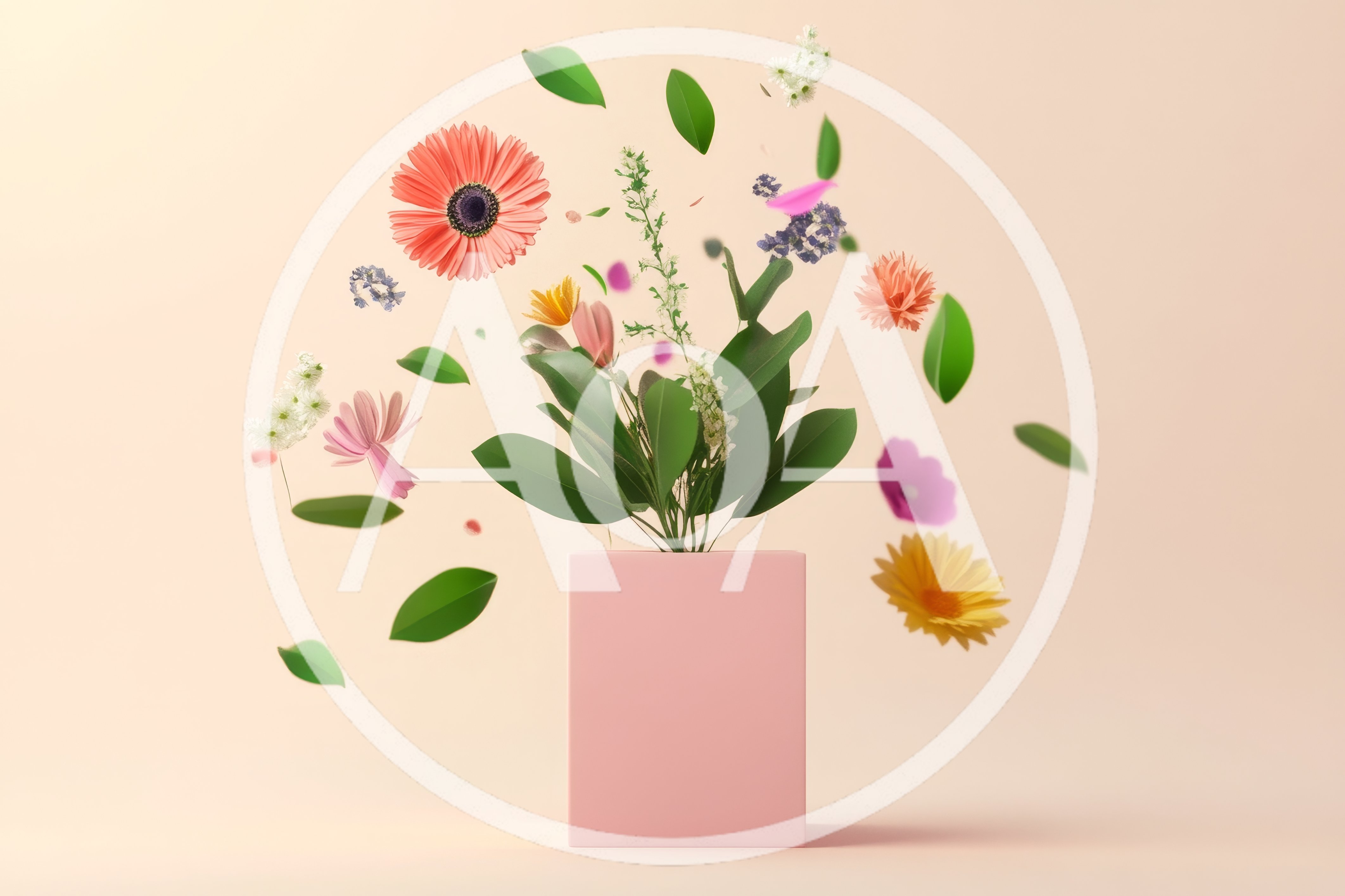 Floating Flowers And Leaves In A Pink Vase