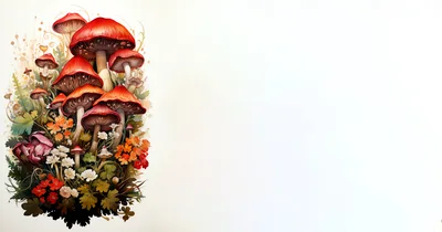 Watercolor Illustration Of Red Mushrooms And Wildflowers