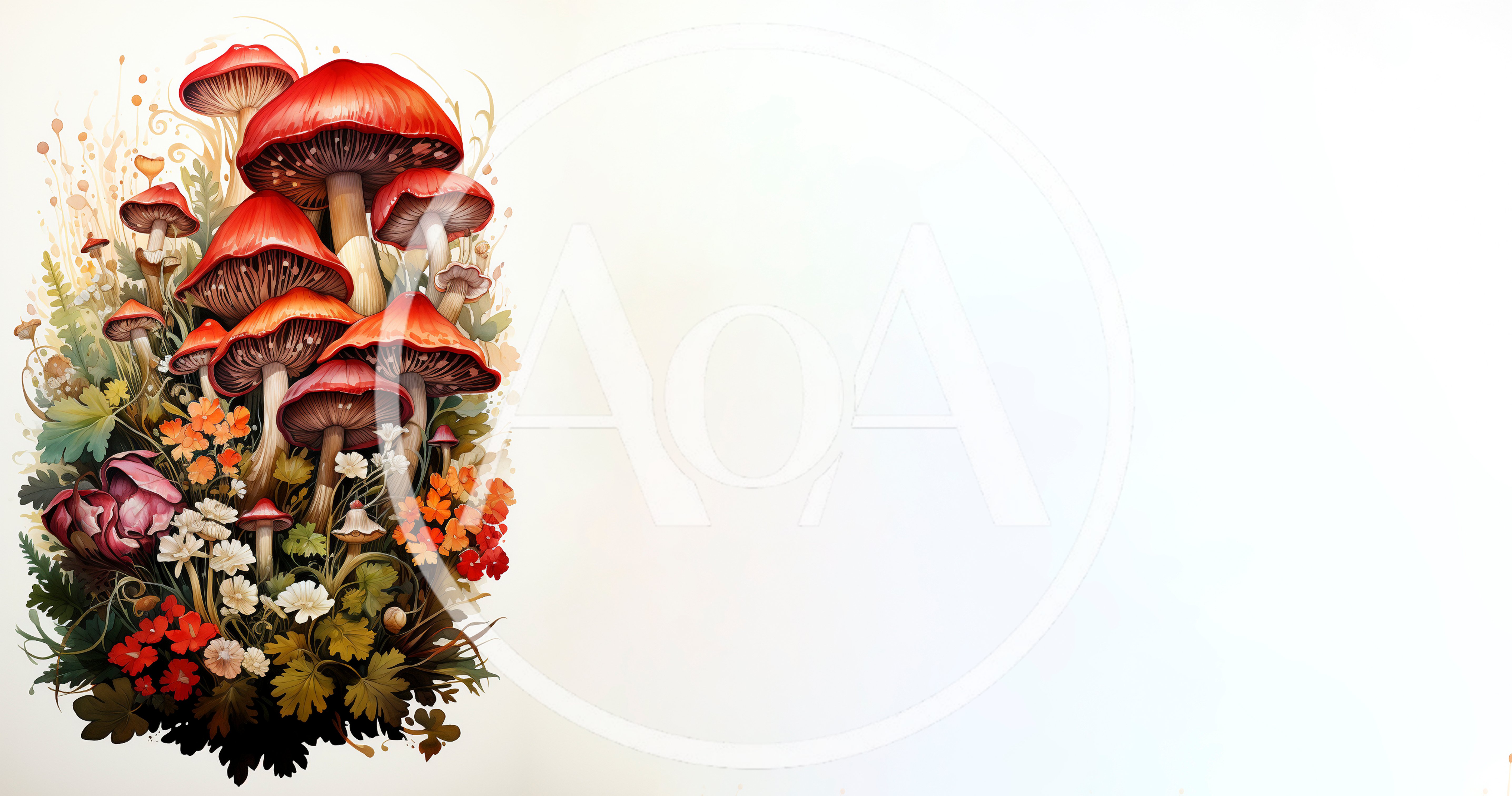 Watercolor Illustration Of Red Mushrooms And Wildflowers