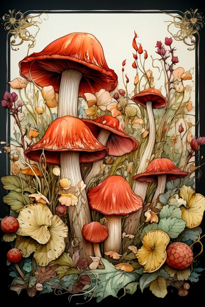 Art Nouveau Illustration Of Red Mushrooms And Wildflowers
