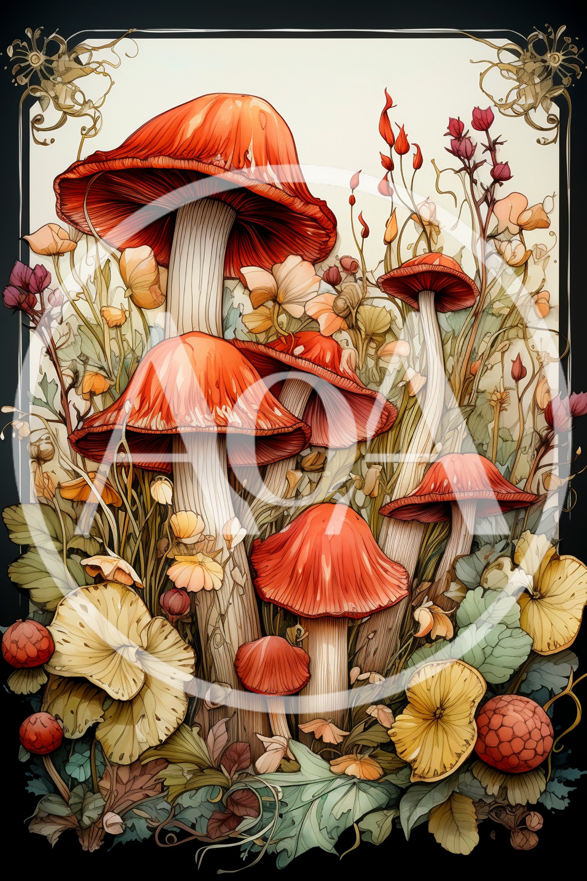 Art Nouveau Illustration Of Red Mushrooms And Wildflowers