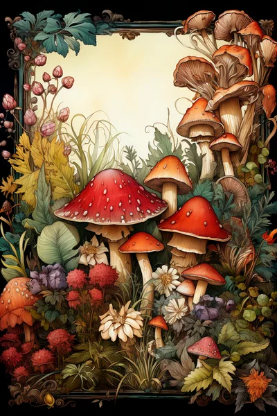 Whimsical Mushroom Forest Illustration With Ornate Frame