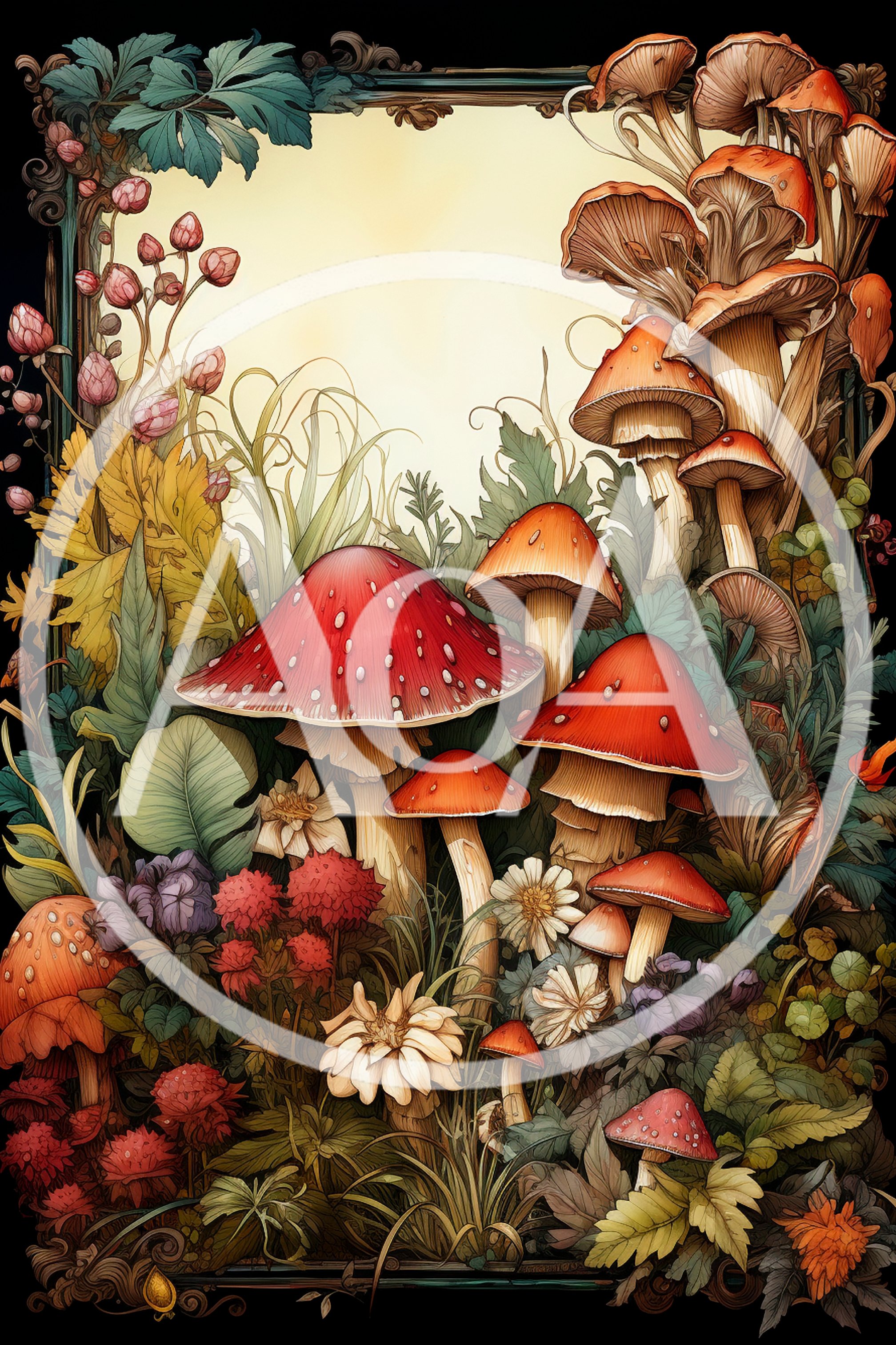 Whimsical Mushroom Forest Illustration With Ornate Frame