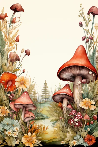 Watercolor Illustration Of Forest Mushrooms And Wildflowers