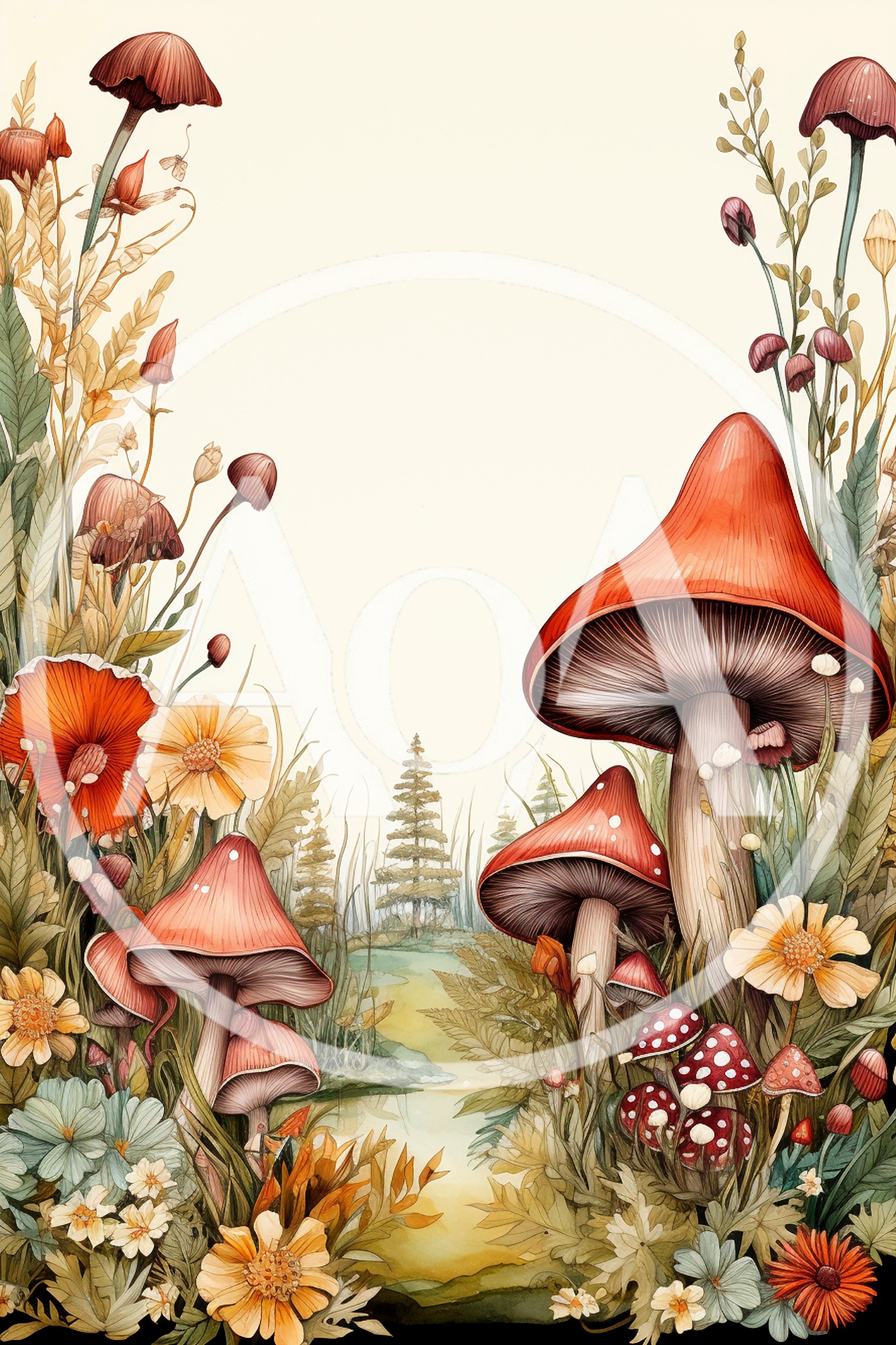 Watercolor Illustration Of Forest Mushrooms And Wildflowers