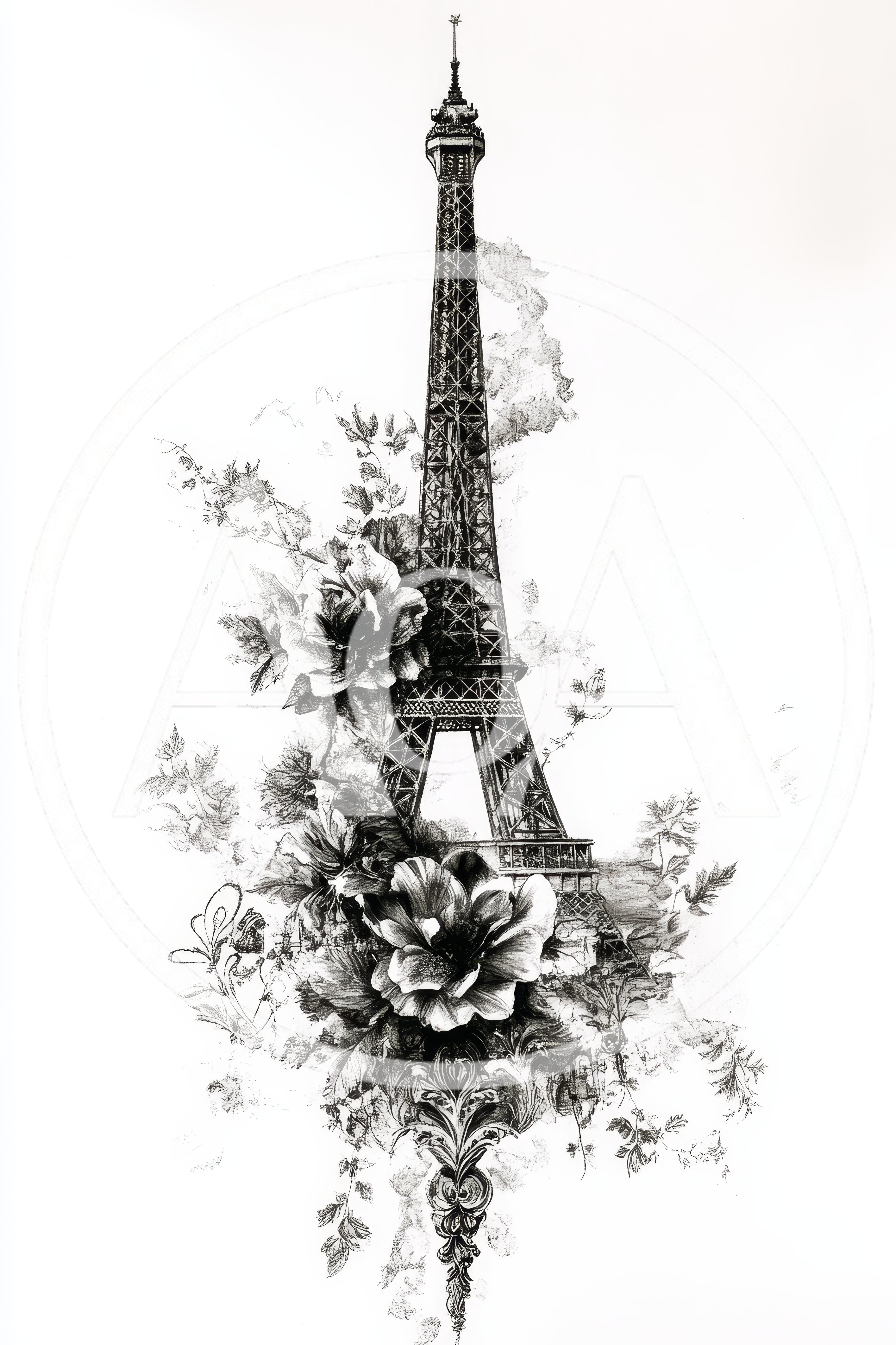 Eiffel Tower Illustration With Floral And Ornamental Elements