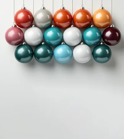 Hanging Multicolored Christmas Ornaments On White Background