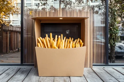 Large Cardboard Box Filled With Golden French Fries