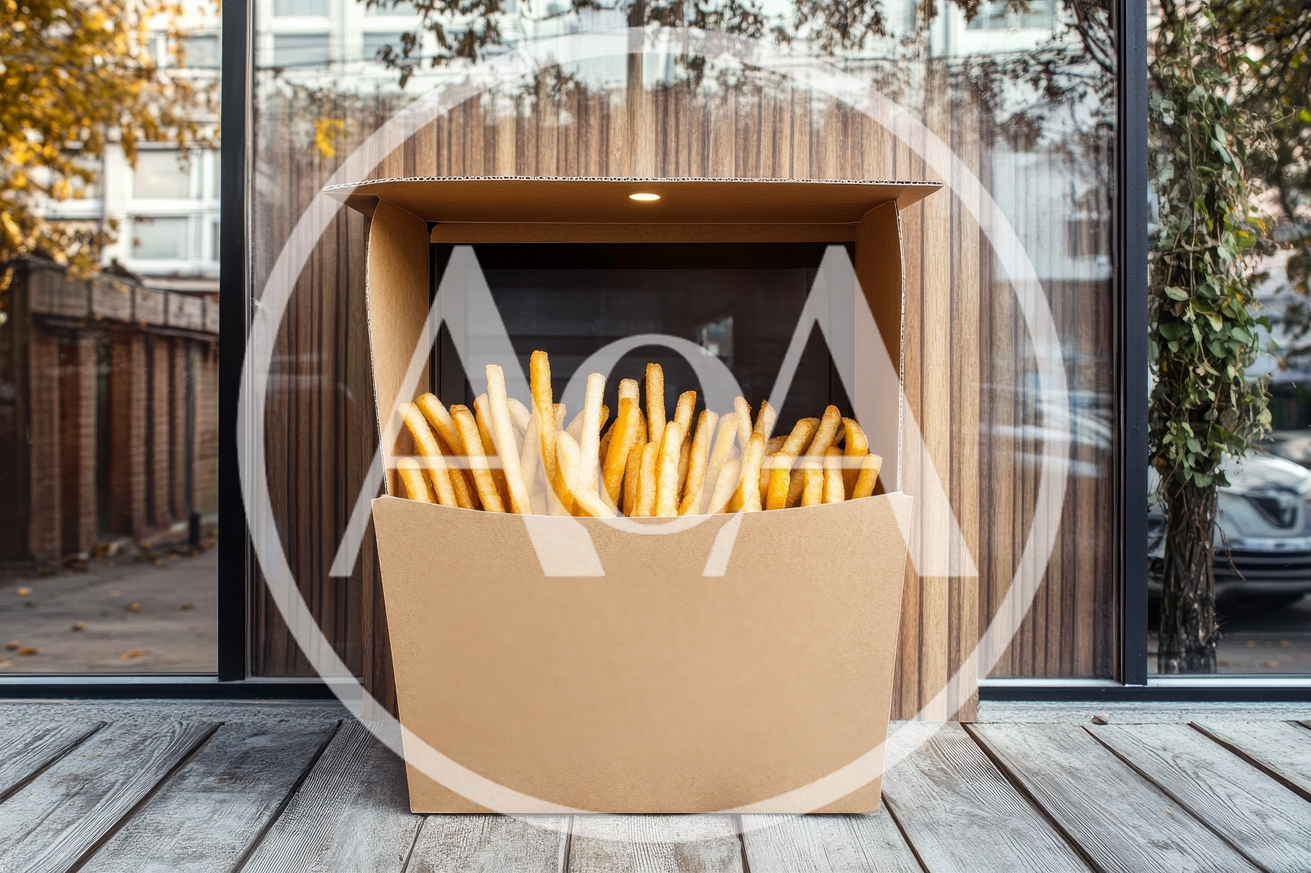 Large Cardboard Box Filled With Golden French Fries