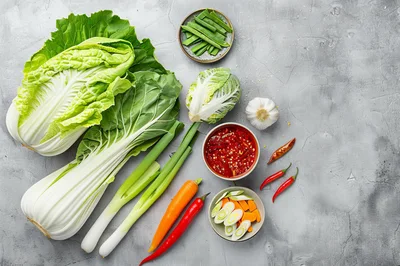 Fresh Ingredients For Asian Cuisine On Concrete Background