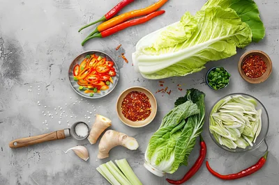 Fresh Ingredients For Making Kimchi On Concrete Background