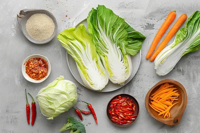 Fresh Ingredients For Making Kimchi On Concrete Background