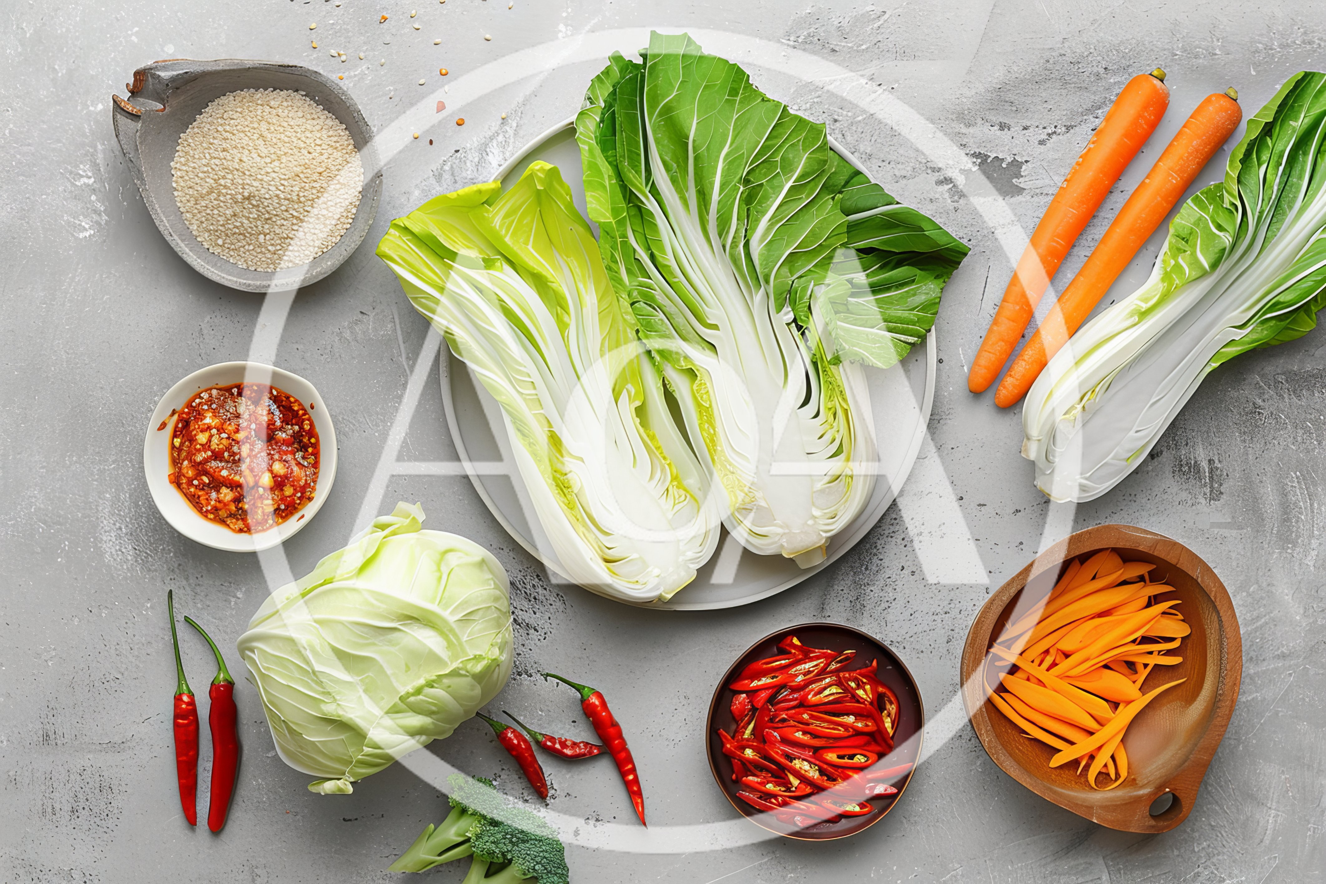 Fresh Ingredients For Making Kimchi On Concrete Background