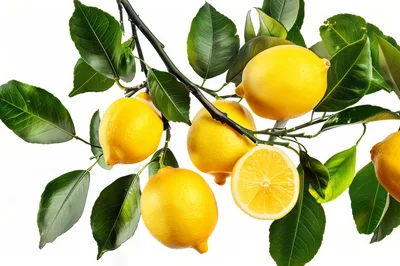 Fresh Yellow Lemons Hanging On A Leafy Branch