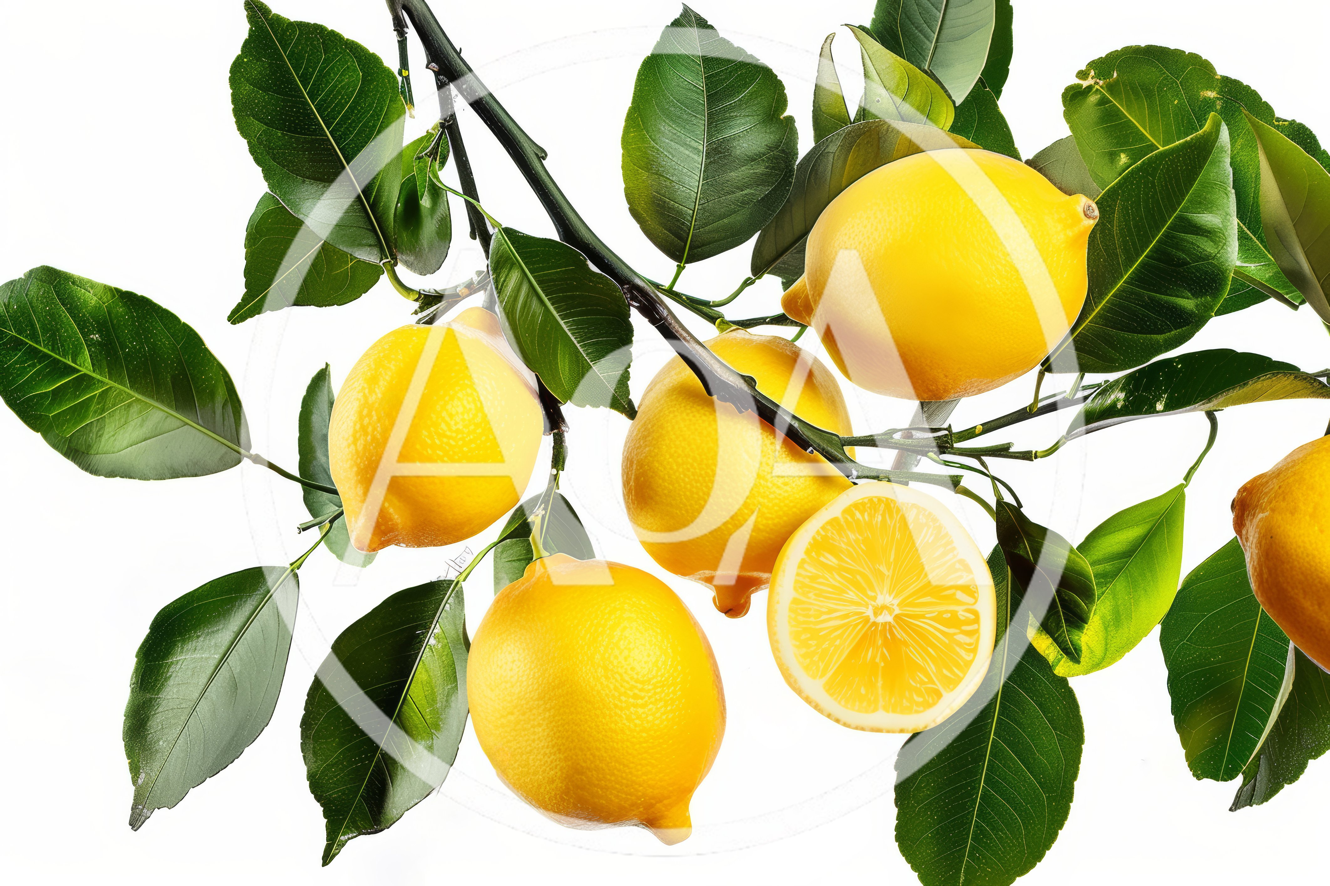 Fresh Yellow Lemons Hanging On A Leafy Branch