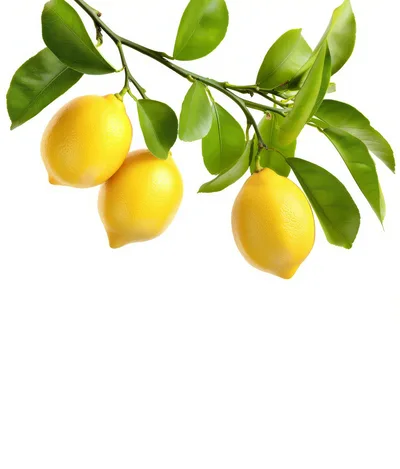 Three Fresh Yellow Lemons Hanging On A Branch