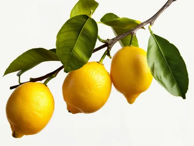 Three Fresh Yellow Lemons Hanging On A Branch