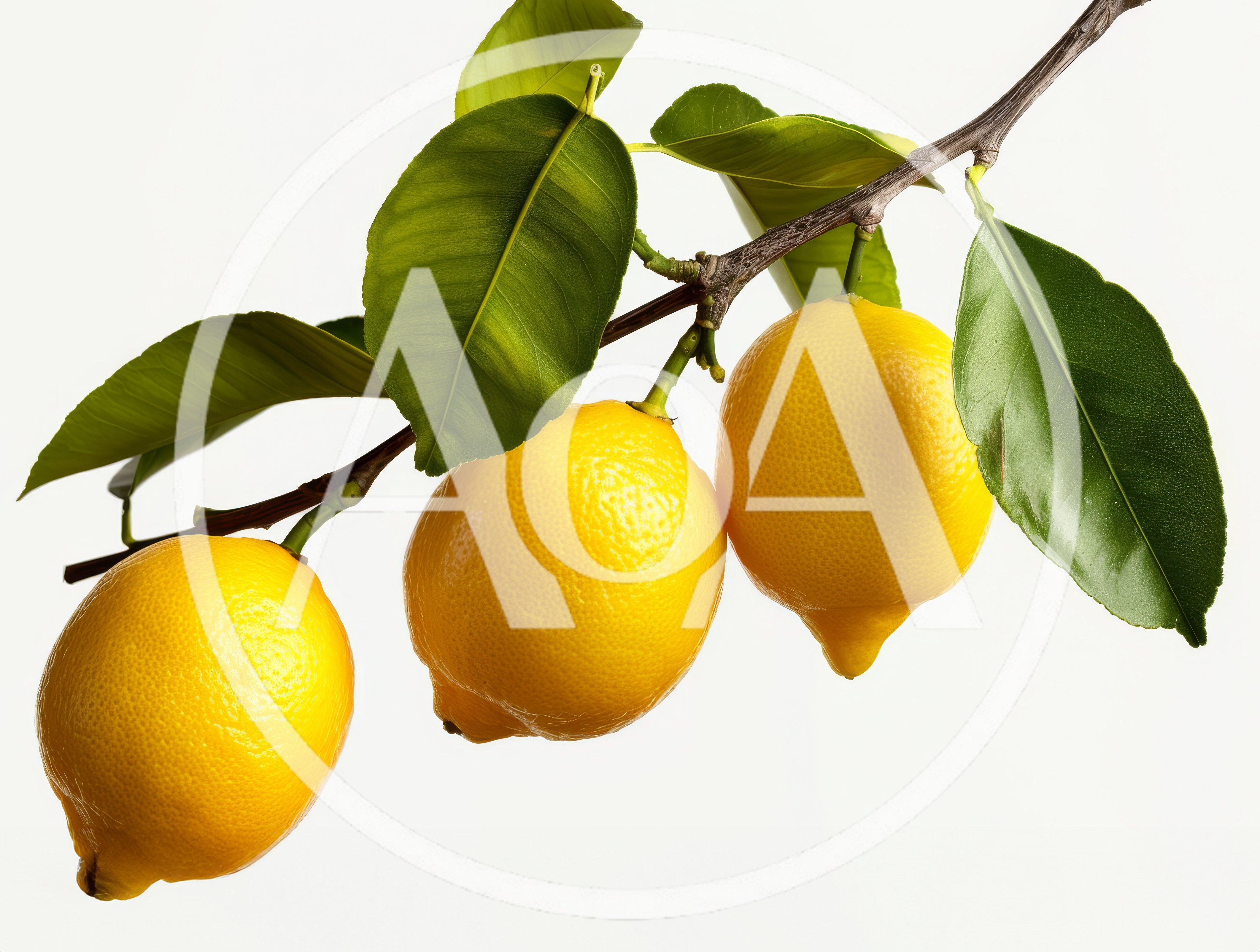 Three Fresh Yellow Lemons Hanging On A Branch