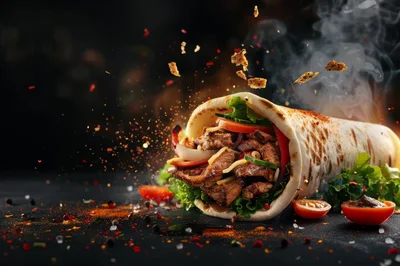 Delicious Grilled Meat Gyro Wrap With Fresh Vegetables