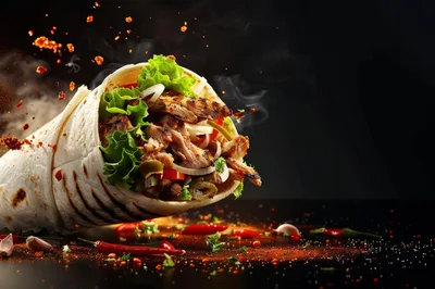Grilled Chicken Shawarma Wrap With Spices And Vegetables