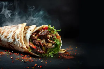 Steaming Grilled Beef Wrap With Fresh Vegetables