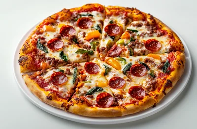 Freshly Baked Pepperoni Pizza With Peppers And Spinach