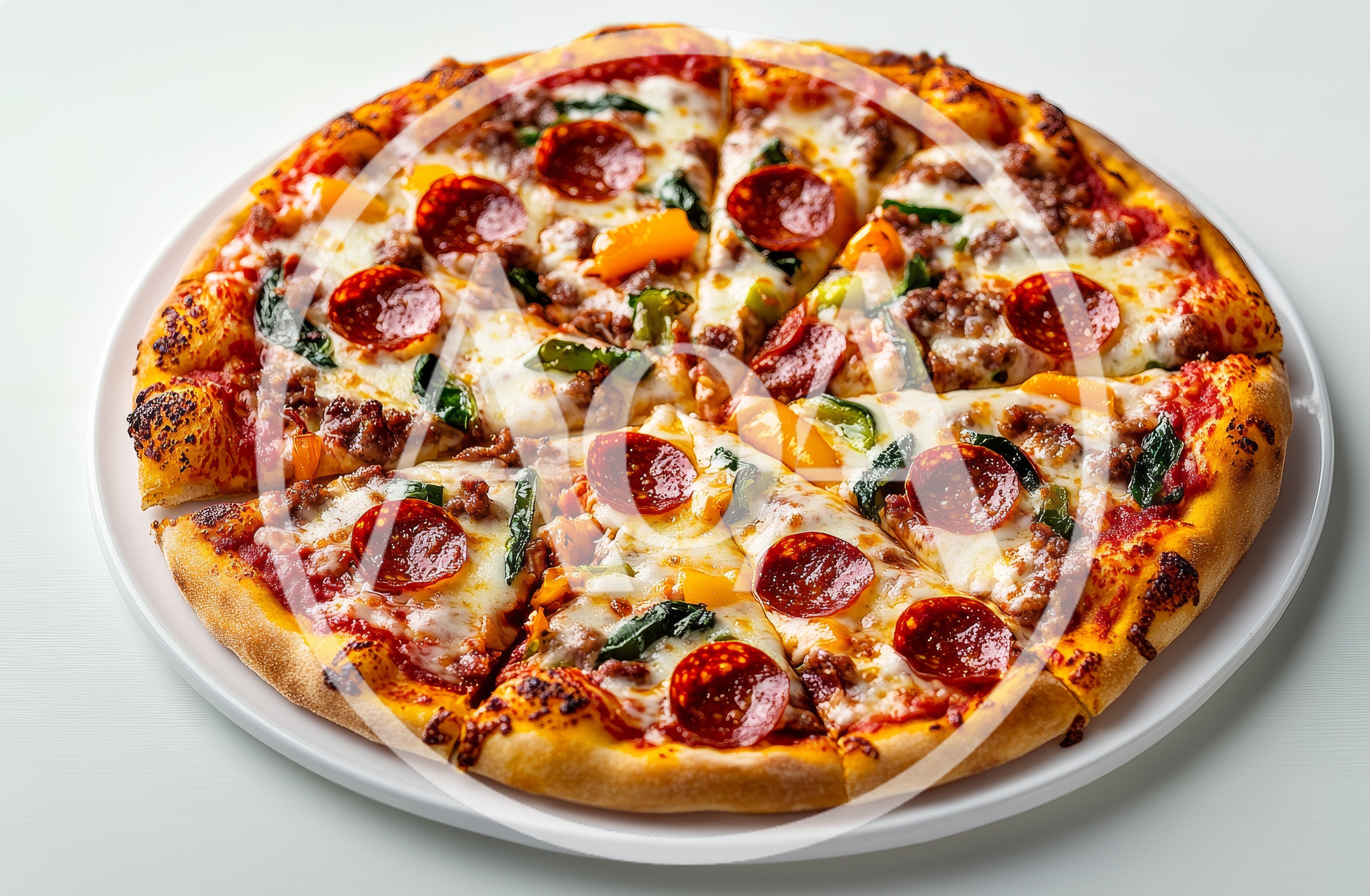 Freshly Baked Pepperoni Pizza With Peppers And Spinach