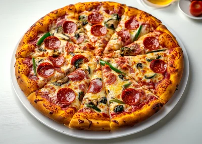 Freshly Baked Pepperoni Pizza On A White Plate