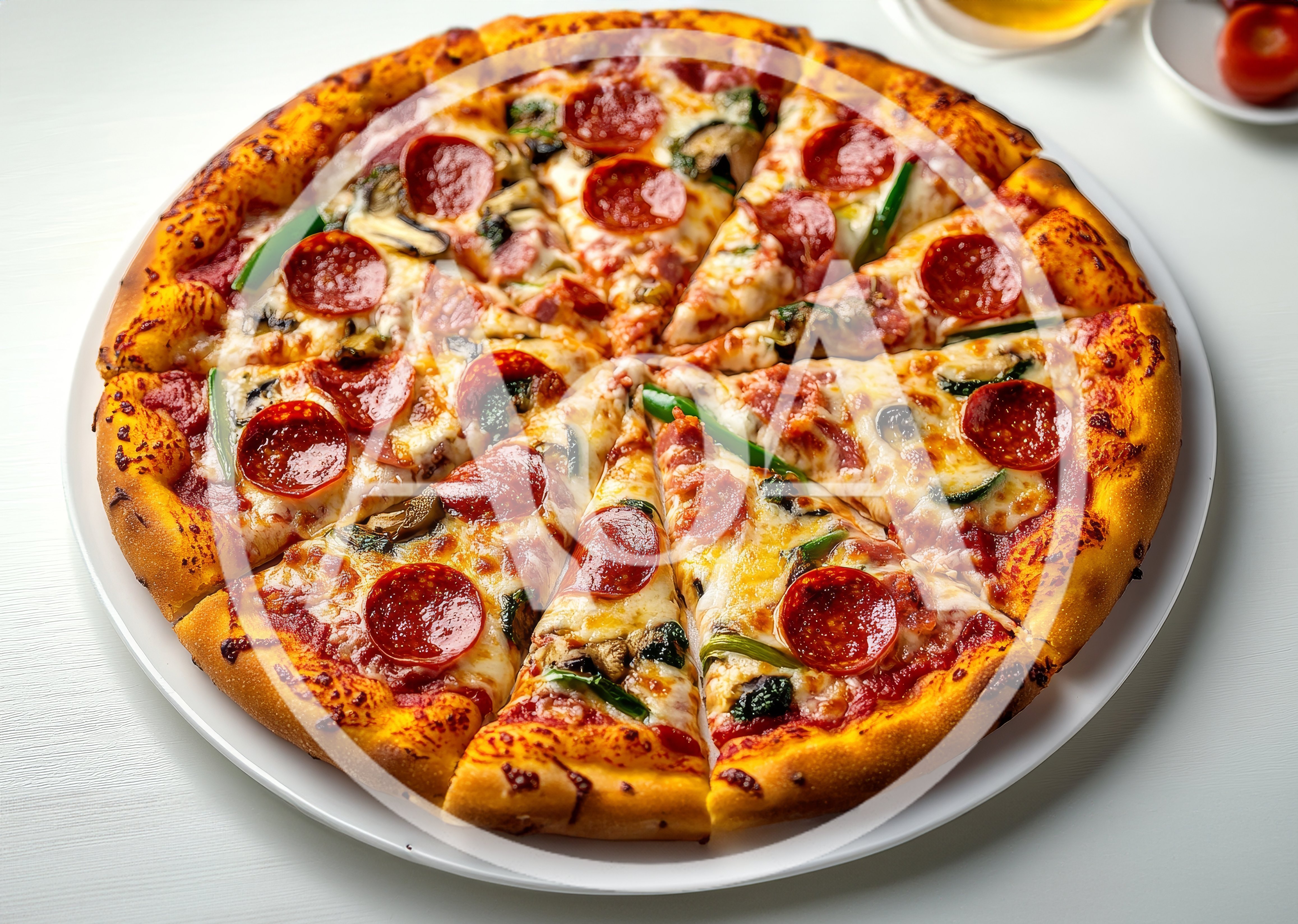 Freshly Baked Pepperoni Pizza On A White Plate
