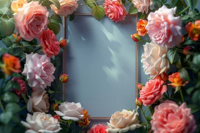 Empty Rectangular Frame Surrounded By Colorful Blooming Roses
