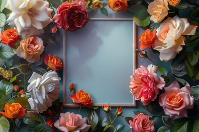 Blank Rectangular Frame Surrounded By Colorful Roses