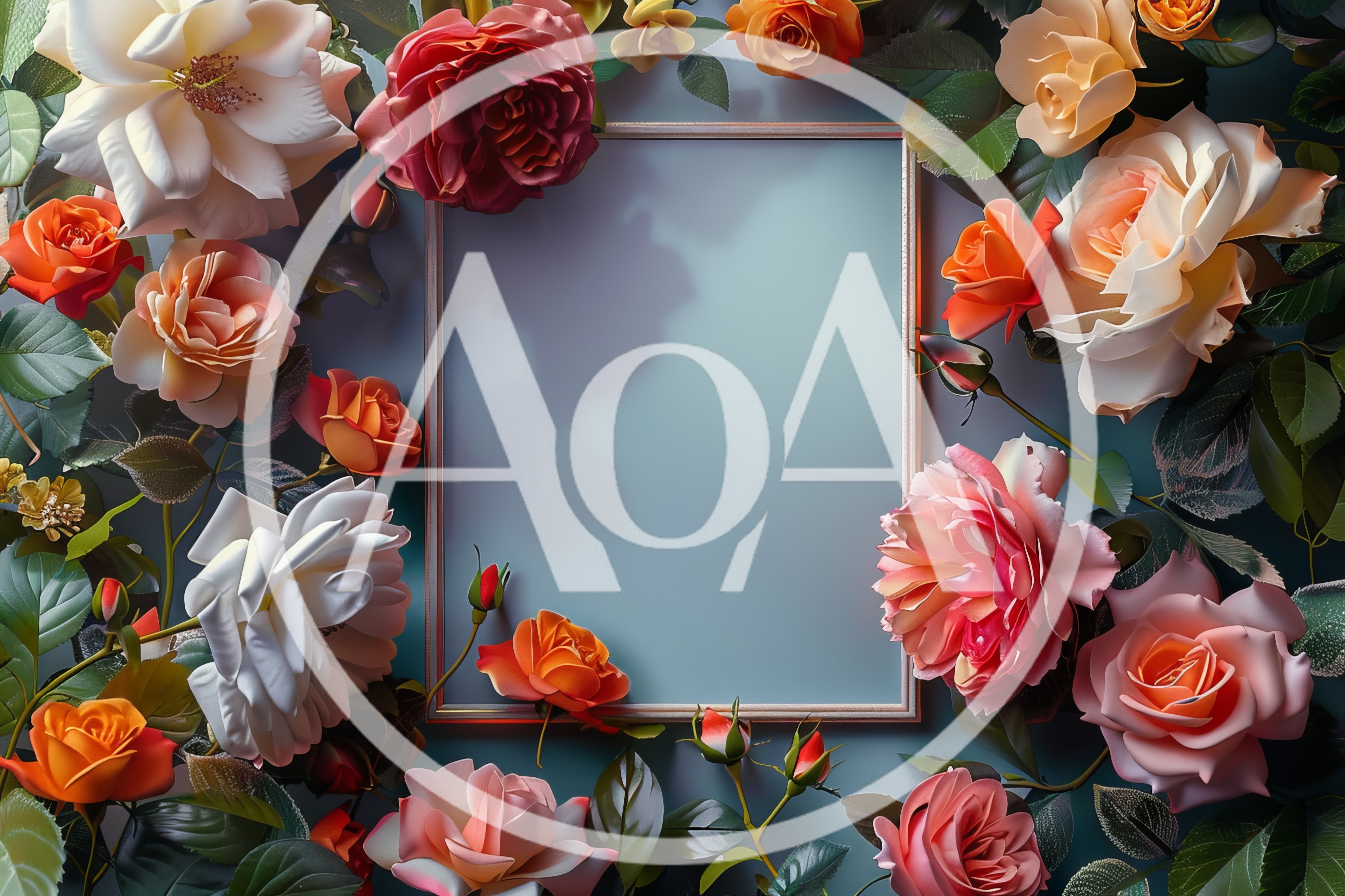 Blank Rectangular Frame Surrounded By Colorful Roses