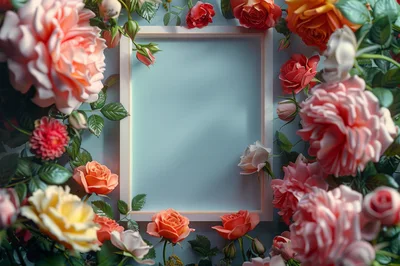 Empty Picture Frame Surrounded By Colorful Roses